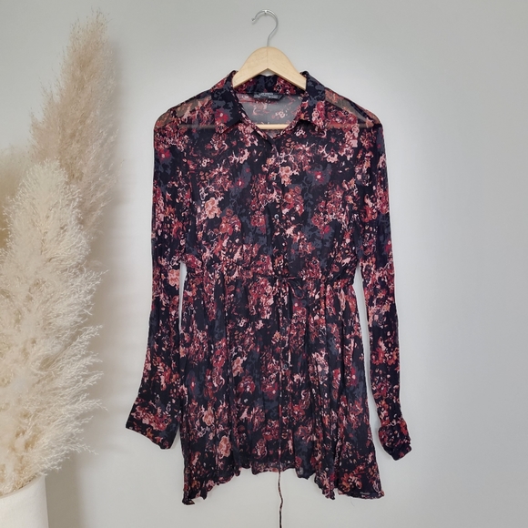 Zara Sheer Pink & Black Floral Shirt Dress size small - Picture 2 of 6
